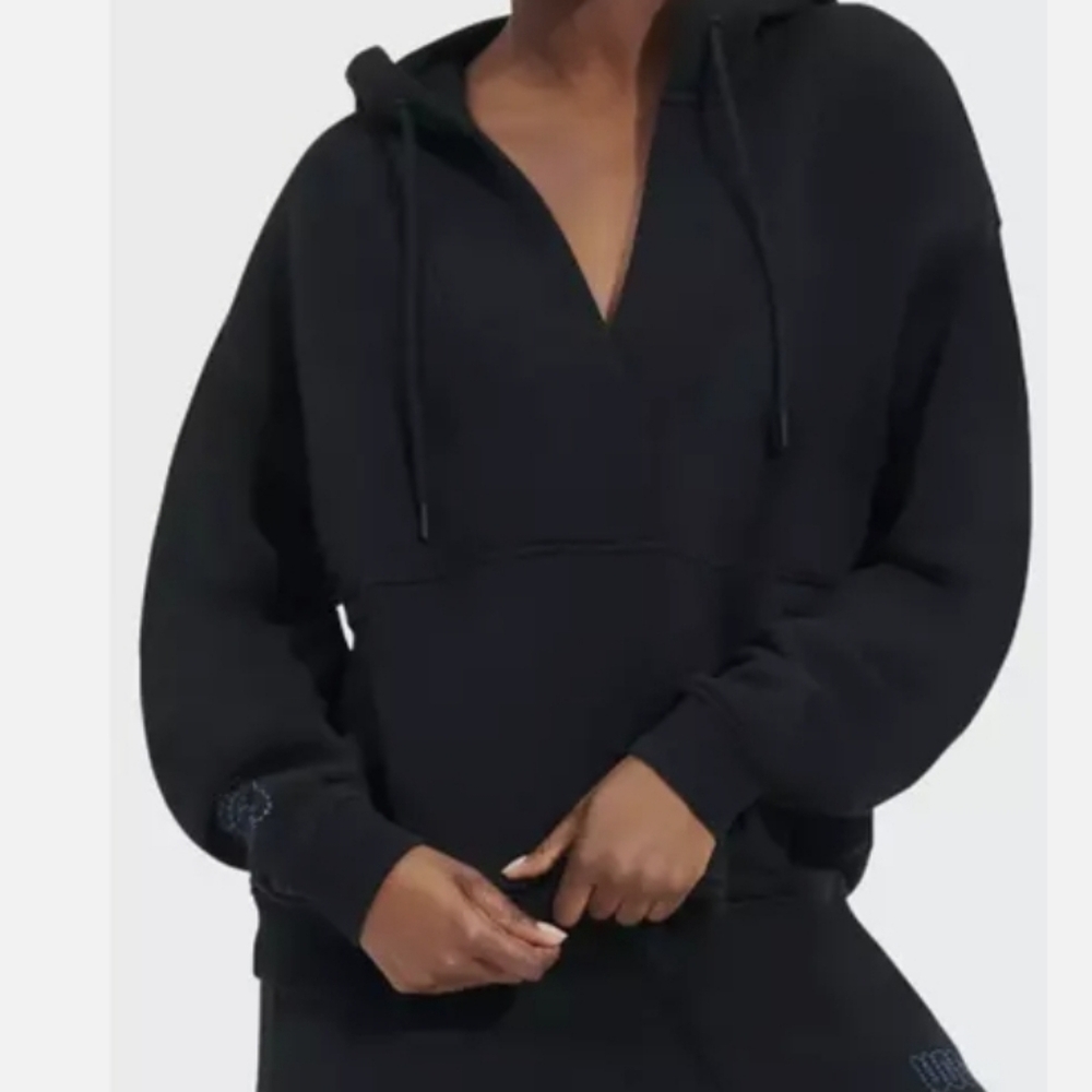 UGG ADRYANN HOODIE Women's XS, Black, Blue Stitch Logo, Relaxed Sweatshirt, NWT